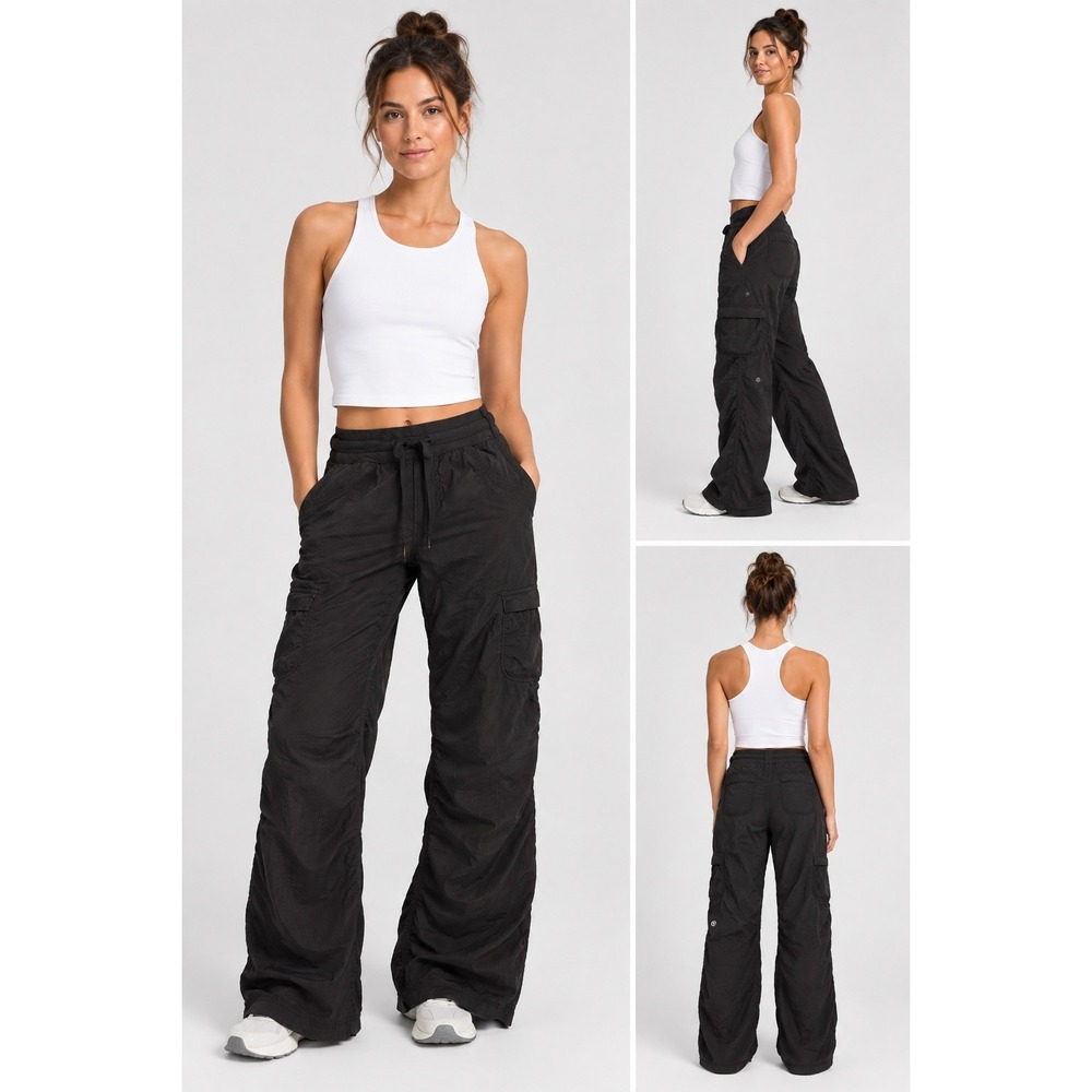 Lululemon Quick Step Pant Black Cargo Dance Ruched adjustable Hem Casual Size 10